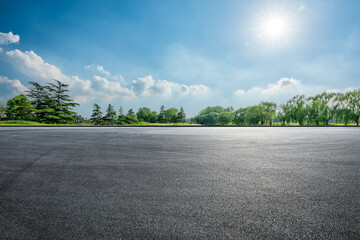 Empty asphalt road and green trees on a sunny day