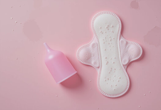 A menstrual cap is a pink cap and a pink sanitary pad. The sanitary pad is white and has a pink design