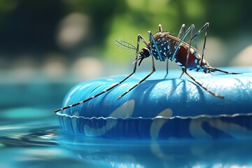 High-definition image of Aedes aegypti mosquito on a blue swimming pool float, summer fun.