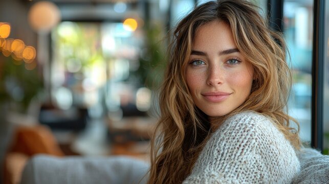 Young beautiful woman sitting by a cafe window gazing out with a serene contemplative expression on her face  The natural lighting and cozy indoor setting create a peaceful relaxed atmosphere