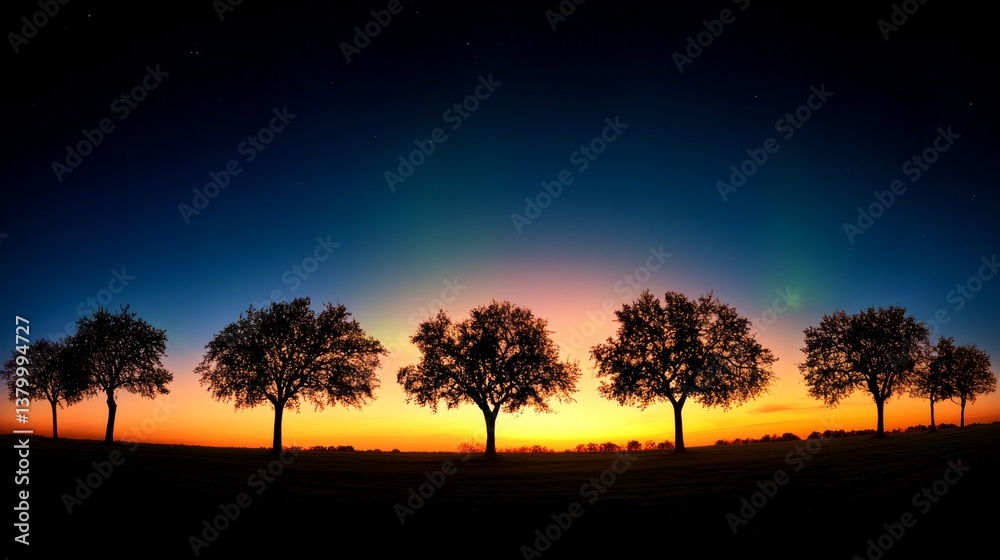 Aufkleber bright green auroras light up the night sky, casting a soft glow on silhouetted trees below, creatin