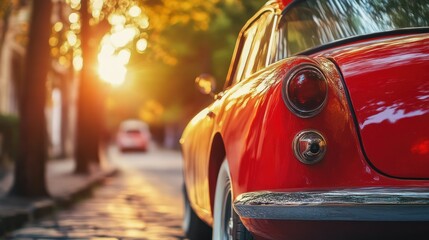 Naklejka premium A red vintage automobile parked on a sunlit cobblestone road