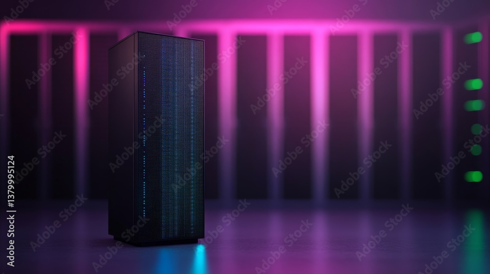 Leinwandbilder Sleek server tower with vibrant blue data lines stands within a digital grid, showcasing advanced edge computing tech and real-time data processing efficiency