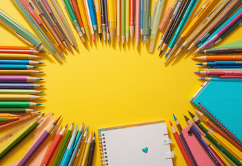 Fototapeta premium A collection of colorful pencils and a notebook with a heart drawn on it. The pencils are arranged in a circle on a yellow background, and the notebook is placed in the center of the circle