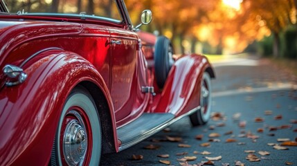A Beautiful Classic Red Car Is Parked On The Roadside