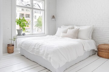 Fototapeta premium A modern Nordic-style apartment in Helsinki, featuring minimalist decor, large windows, and indoor plants