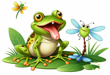 Obraz premium A frog is sitting on a leaf next to a dragonfly