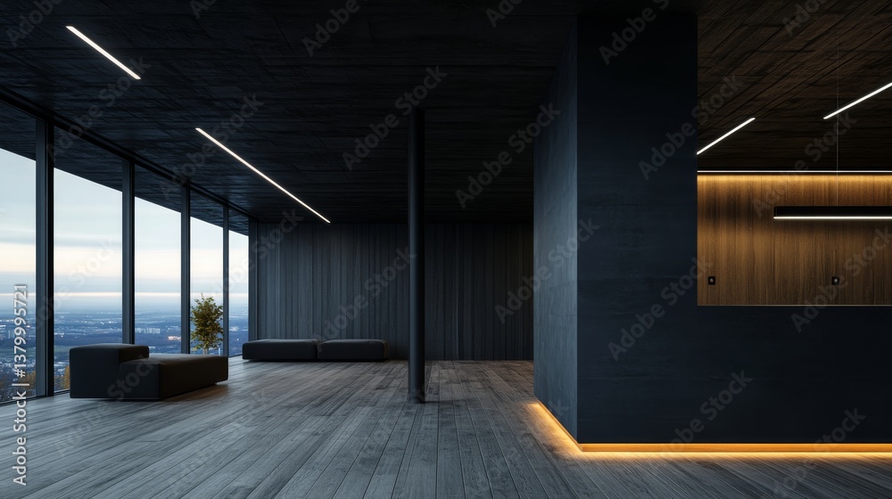 Poster a spacious, modern room features minimalist furniture and soft lighting. clean lines and neutral ton