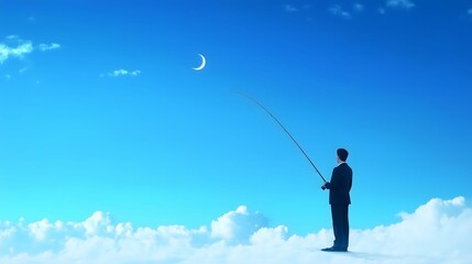 A Businessman Fishing Above the Clouds, with a Bright Blue Sky. Surreal Businessman Fishing Above the Clouds in a Dreamlike Sky