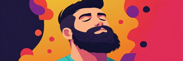 Bearded man in modern flat vector art style against vibrant background showcasing contemporary colors and playful design elements