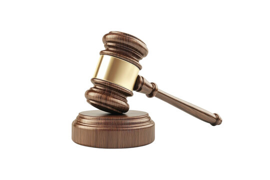 A wooden gavel rests on its circular base, symbolizing justice and authority in a courtroom setting