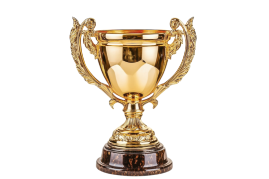 Elegant golden trophy shining brightly on a marble base, symbolizing achievement and victory
