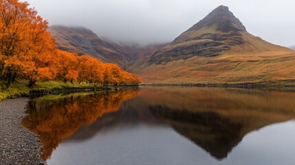 Fototapeta premium A calm river mirrors the bright orange foliage of autumn trees as misty mountains rise in the backdrop, creating a serene and tranquil atmosphere