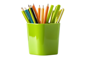 A vibrant collection of colorful pencils and stationery in a bright green holder
