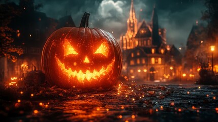 Glowing carved pumpkin on spooky street during nighttime for Halloween celebration