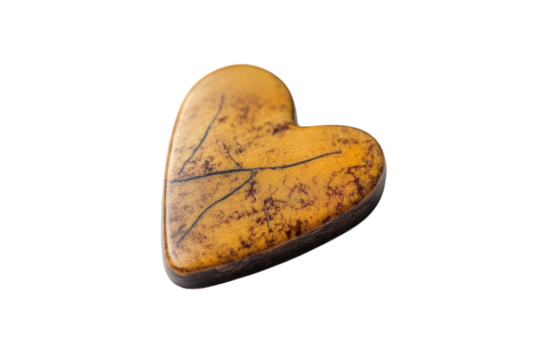 Artistic heart-shaped yellow stone with unique texture resting on a clean surface