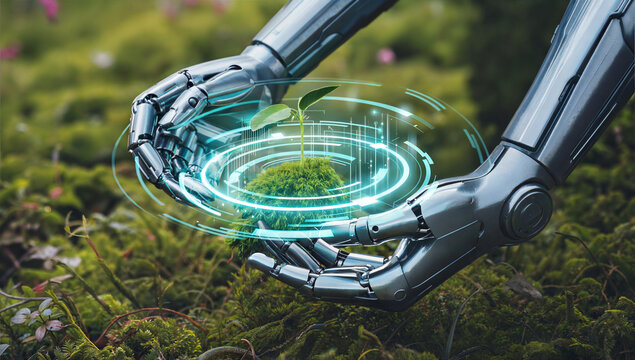 A robotic hand plants a sprout &ndash; a union of technology and nature