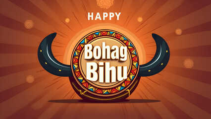 Festive Happy Bohag Bihu Drums: Vibrant Traditional Dhol Illustration for Assamese New Year Celebrations and Cultural Events