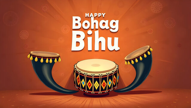 Festive Happy Bohag Bihu Drums: Vibrant Traditional Dhol Illustration for Assamese New Year Celebrations and Cultural Events
