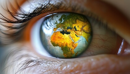 Naklejka premium World Sight Day Close-Up of Human Eye Reflecting World Map, Concept of Global Vision