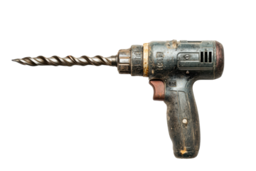 A vintage drill rests on a clean surface, showcasing its intricate design and worn handle