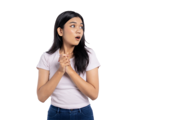 Young Asian woman looking surprised and worried, clasping her hands together, isolated on transparent background
