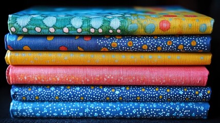 Stack of colorful patterned books with dark backgrounds