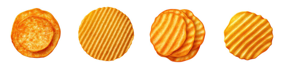 Closeup of an assortment of flavorful deep fried potato chips with various ridged and curled textures in shades of orange and yellow