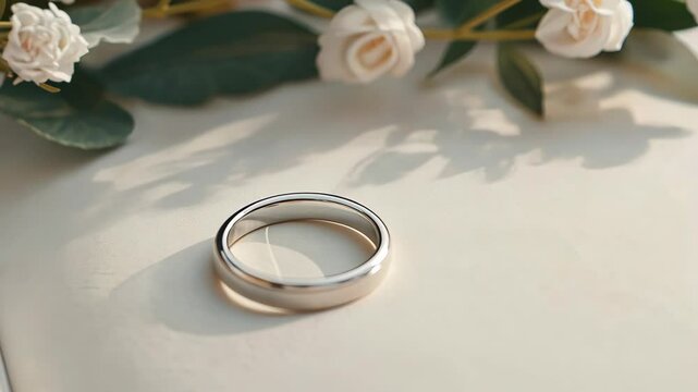 Wedding rings on open book with floral decor
