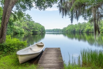 A peaceful dock on Lake Marion, with a small boat tied up and Spanish moss hanging from nearby trees