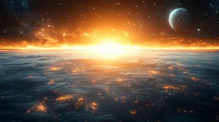 Fototapeta premium Sunrise over Earth. Golden light on clouds, planet and stars