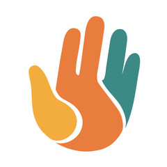 Obraz premium Colorful stylized hand formed by overlapping orange, yellow, and teal shapes, symbolizing unity, diversity, and community connection