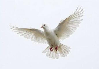 White Dove in Flight, Peaceful Imagery, Soaring Bird Against White Sky.