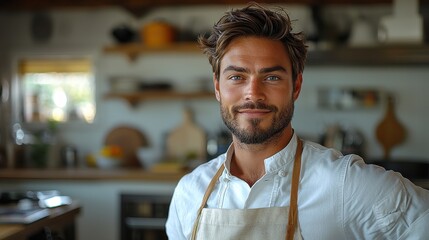 Fototapeta premium Confident Male Chef In White Uniform Apron Posing Proudly In Commercial Kitchen Ready To Prepare Delicious Cuisine
