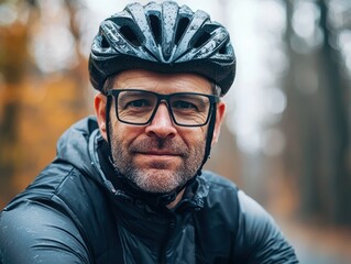Obraz premium Confident Biker in Rainy Forest with Helmet and Glasses