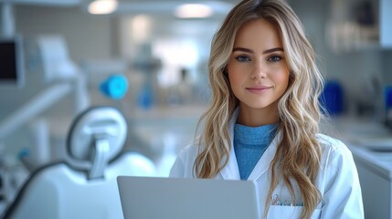 Smiling Young Blonde Woman in Lab Coat Standing in Front of Medical Equipment and in a Clean Bright and Modern Scientific Workspace or Laboratory