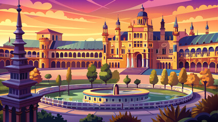 Obraz premium View of the Plaza de España in Seville at sunset, on a spring day