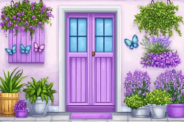 A pixel-art version of a charming cottage garden, with small animated butterflies fluttering around