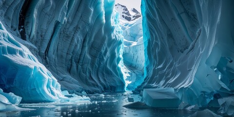 Glacial crevasse reveals stunning blue ice in a remote icy landscape