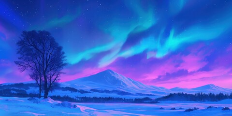 Illustration of Aurora Borealis Over Snowy Landscape  