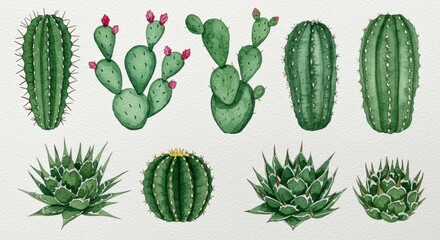 Watercolor Cacti and Succulents: Botanical Assortment with Blooms, Desert Flora Illustration.