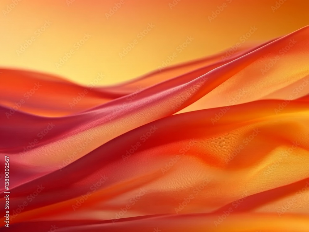 Fototapete translucent fabric in shades of red and yellow billows softly, layered with abstract leaf patterns a