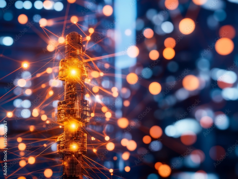 Poster Glowing orange lines and interconnected geometric shapes form a digital network on a dark abstract background, showcasing futuristic technology with ample copy space