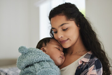 Obraz premium Mother, baby sleeping and care in home, trust and child dream on weekend in mommy embrace. Mom, infant nap and love to nurture in apartment for bonding, support kid and parent for peace in childhood