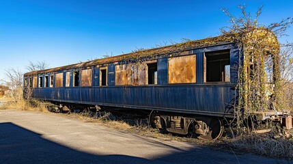 Fototapeta premium An abandoned blue train car, decaying and overtaken by vibrant green vines, sits forlornly in a desolate landscape under a clear blue sky, a haunting testament to time's relentless