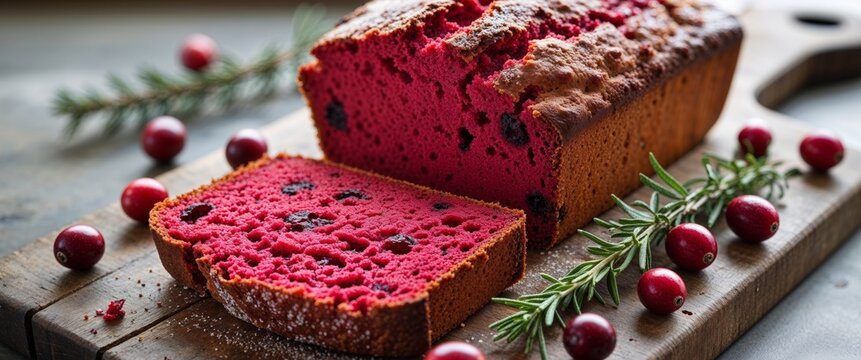 Delicious cranberry bread on wooden cutting board for culinary delights and baking inspiration.