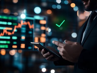 A businessman interacts with a tablet displaying a holographic green tick symbol, representing compliance, against blurred charts and graphs