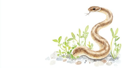 Fototapeta premium Colorful watercolor artwork featuring animals, reptiles, and botanical elements in a garden setting.