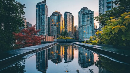 Fototapeta premium Cityscape of skyscrapers reflecting in a body of clear water