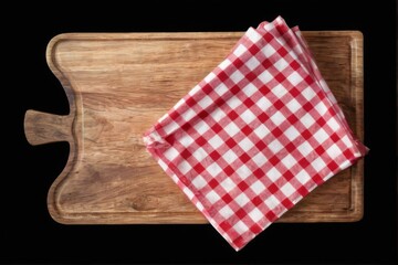 Obraz premium Rectangular Wooden Cutting Board with Red and White Checkered Napkin on Black Background